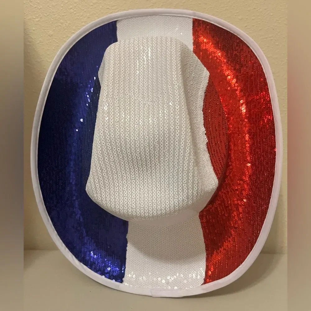 Patriotic Sequin Cowboy Hat - White, Red & Blue